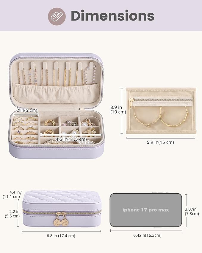 Lolalet Travel Jewelry Case for Women Girls, Travel Jewelry Organizer with Clear Storage Bag Small Portable Jewelry Box for Necklace Bracelet Earring Ring Valentines Bridesmaid Gifts -Medium/Purple