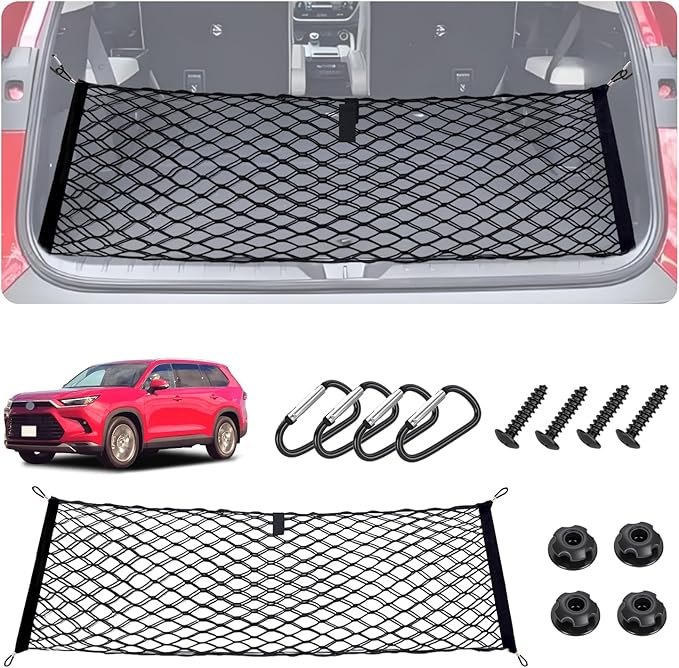Envelope Style Cargo Net for 2024 2025 2026 Toyota Grand Highlander Accessories, Trunk SUV Mesh Cargo Net, Upgraded 5mm Bungee&Double-layer Nylon Storage Tailgate Netting Grocery&Tool Holder Organizer