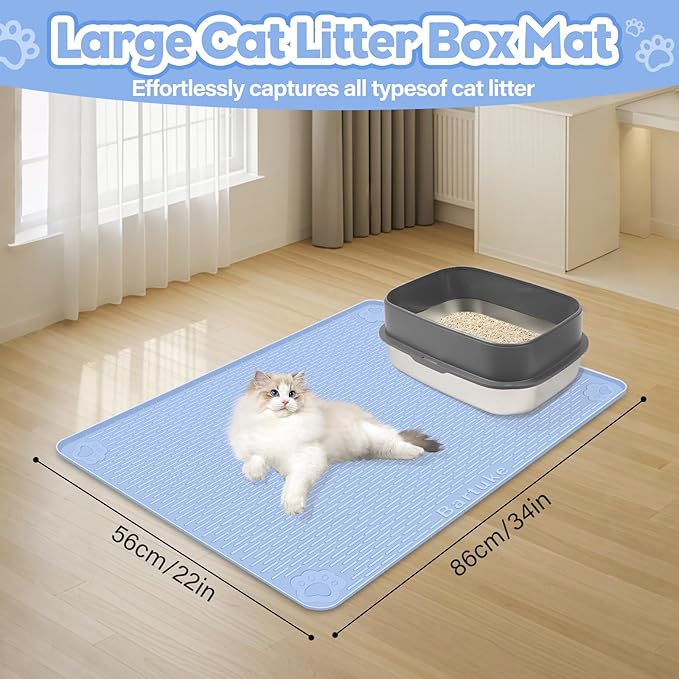 Bartuke Cat Litter Mat, Extra Large 34" x 22" Silicone Mat Litter Trapping Mat for Scatter Control, Soft on Kitty Paws, Easy to Clean (Blue)