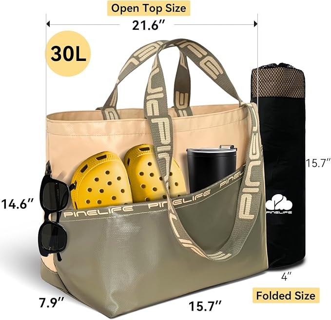 Extra Large Tote Bag Foldable Waterproof Summer Beach Bag for Women Men, Dual Handles, for Swim Gym Camping Shopping