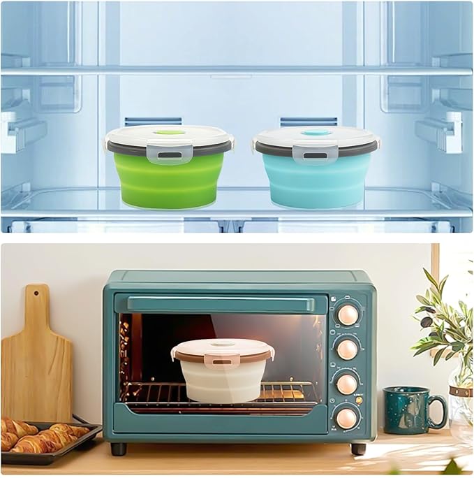 2-Pack Collapsible Bowls with Lids, Reusable Silicone Food Storage Containers for Meal Prep, Camping Must Haves Accessories Green Blue, Microwave Freezer Safe Dishwasher Safe Leak Proof