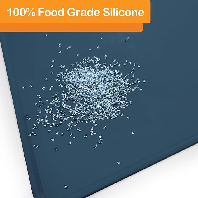 Dog Water Mat 39.4 by 29.5in Extra Large - Silicone Mat for Dog Bowls Waterproof Non Slip - XL Pet Mat for Food and Water Protect Floors - Stone Blue