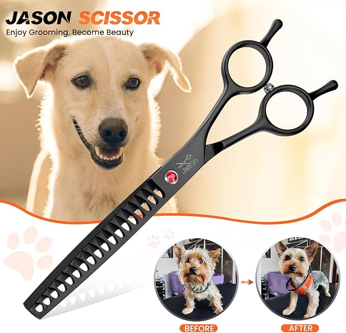 JASON 7.5" Dog Grooming Scissor - Professional Thinning Chunker Shear with 18 Teeth Japanese Stainless Steel Hair Scissors for Dogs, Cats and Other Pets (Chunker, Black)