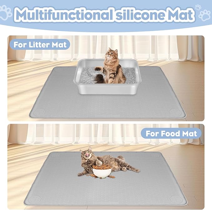 Bartuke Cat Litter Mat, Extra Large 40" x 28" Silicone Mat Litter Trapping Mat for Scatter Control, Soft on Kitty Paws, Easy to Clean (Gray)