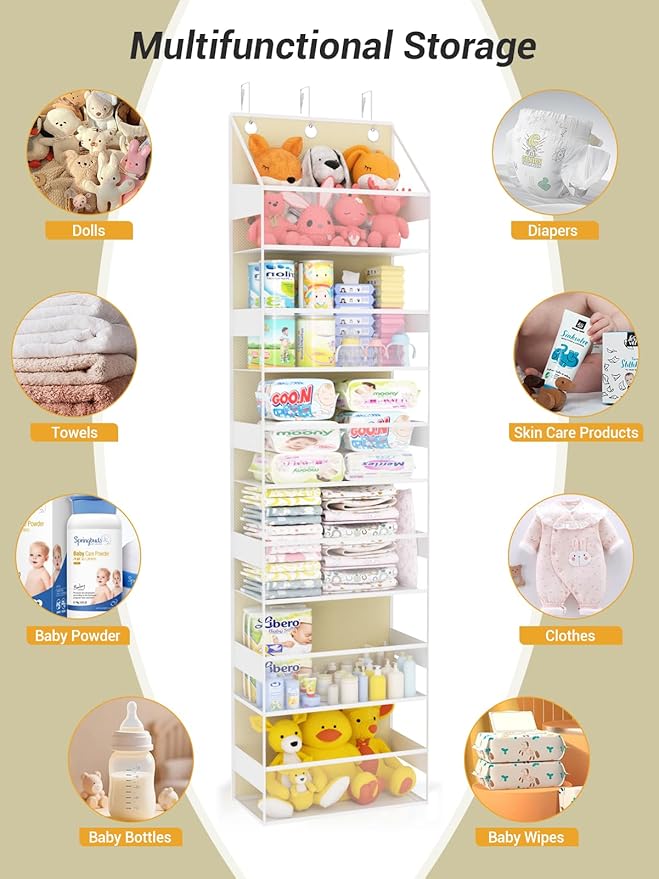 Over Door Hanging Organizer with 6 Shelves, Stuffed Animal Storage - Behind Door Storage for Bedroom, Nursery, Dorm Room, 1 Pack, Beige