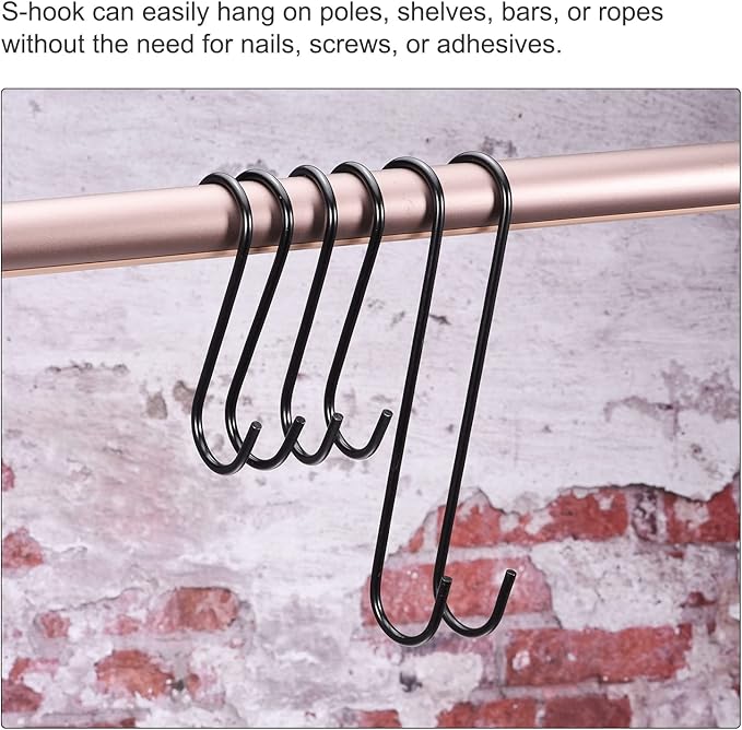 uxcell S Hanging Hooks, 12inch/300mm Extra Long Steel Hanger, Indoor Outdoor Uses for Garden, Bathroom, Closet, Workshop, Kitchen, Black, 4Pcs