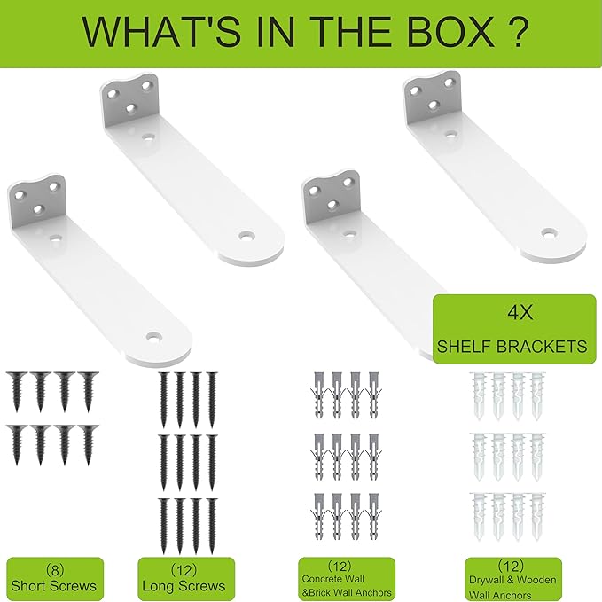 Floating Shelf Bracket, 6 Inch (1/4 In Thick) White Shelf Bracket,4 Pack Hidden Shelf Brackets,L Brackets For Shelves,Suitable for Kitchen, Study And Various DIY Occasions，Holds Over 200lb+(6IN White)