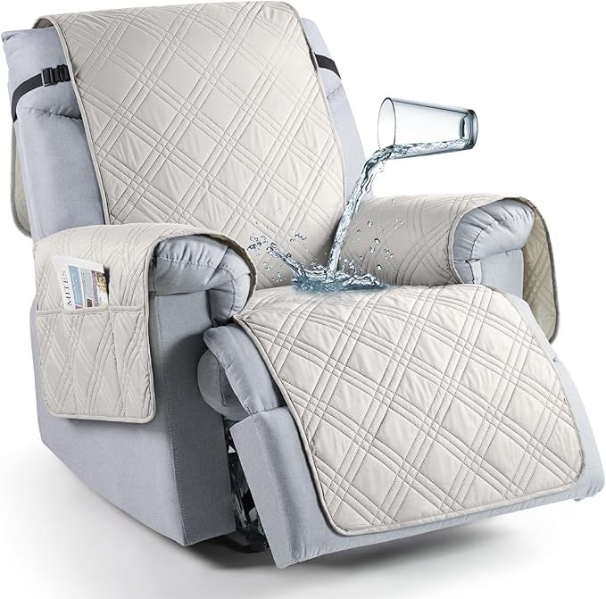 TAOCOCO 100% Waterproof Recliner Chair Cover, Non Slip Oversized Recliner Covers for Recliner Chair with Pocket, Reclining Chair Cover Furniture Protector for Kids, Pets(Oversized Recliner, Off White)