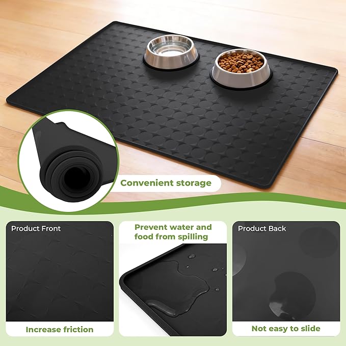 Extra Large 34x22 Inch Machine Washable Silicone Pet Food Mat - Waterproof Dog & Cat Bowl Mat with Raised Edge, Non-Slip Floor Protector for Large Dogs, Multi-Pet Homes (Black)
