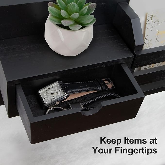 Wall Mount Key Holder with Mail Organizer, 100% Paulownia Wood, 7 Metal Hooks, Storage Drawer, Entryway Home Decor (Black)