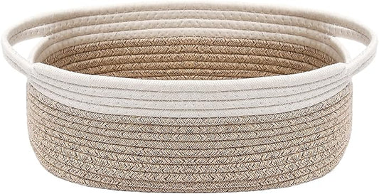 JMvicyroam Woven Basket,Small Rope Storage Bin with Handles & Ribbon Bag, Organizer for Shelves Closets,Gift Basket Empty for Birthday,Books,Dog Toys, White&Oatmeal