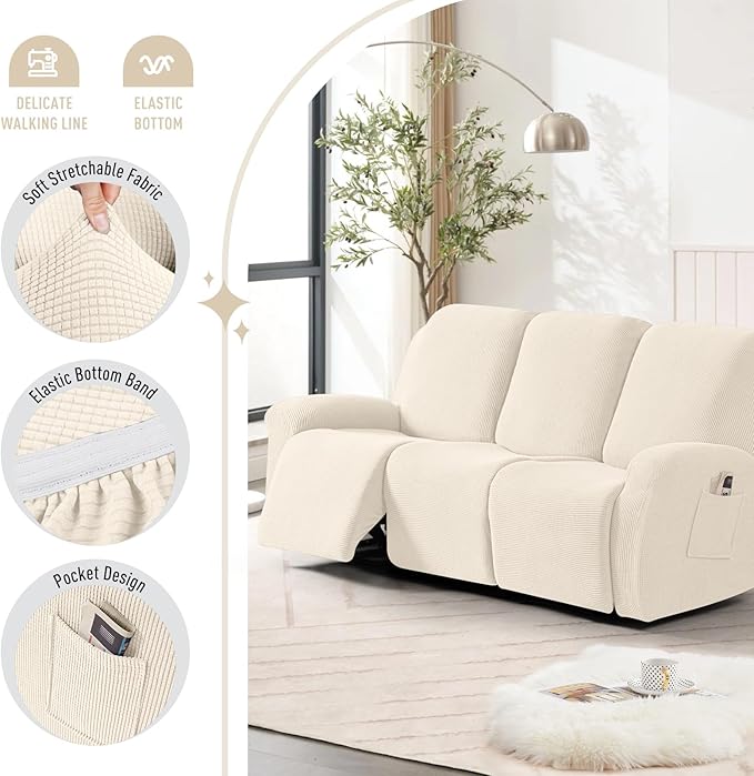 TAOCOCO Recliner Sofa Covers 8-Pieces Stretch Large Couch Covers for 3 Seats Reclining Slipcovers Soft Jacquard Pattern Furniture Protector (Beige)