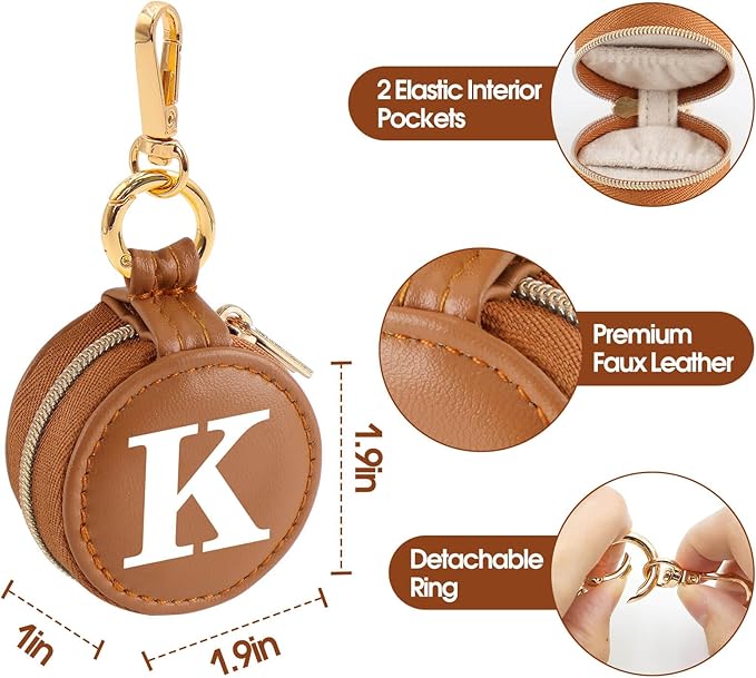 Mini Initial Travel Jewelry Case Ring Holder, Brown Faux Leather Small Jewelry Organizer Box Gifts for Women Girls Nurse Teacher, Gym Travel Accessories Keychain Pouch for Earrings Rings Necklace K