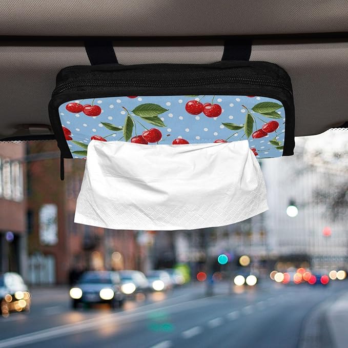 Car Tissue Holder Car Napkin Holder Car Tissue Box Dispenser Storage Case Sun Visor Mask Holder with Adjustable Straps Reusable Refillable Light Blue Dots Red Cherry