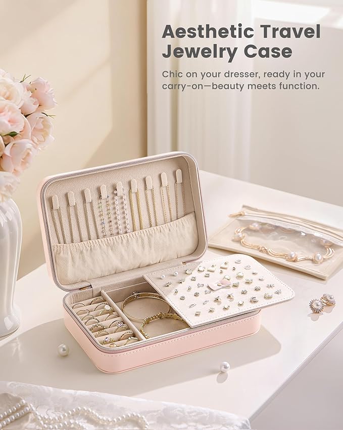 Lolalet Travel Jewelry Case for Women Girls, Travel Jewelry Organizer with Clear Storage Bag Small Portable Jewelry Box for Necklace Bracelet Earring Ring Valentines Bridesmaid Gifts -Large/Pink