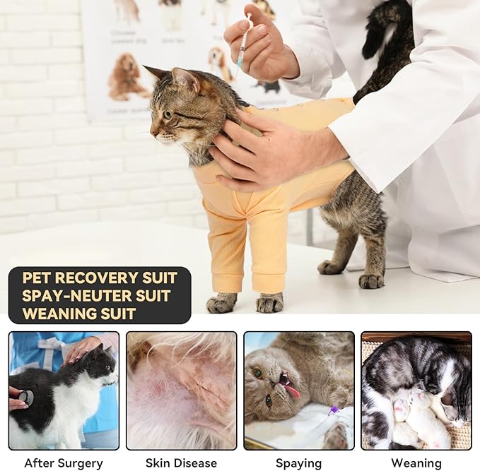 T'CHAQUE Cat Surgery Recovery Suit, Anti-Licking Onesie for Post-Spay/Neuter Abdominal Wound, Cat Recovery Suit with Adjustable Drawstring Collar - Long Sleeve Kitten Surgical Onesie, Orange, L