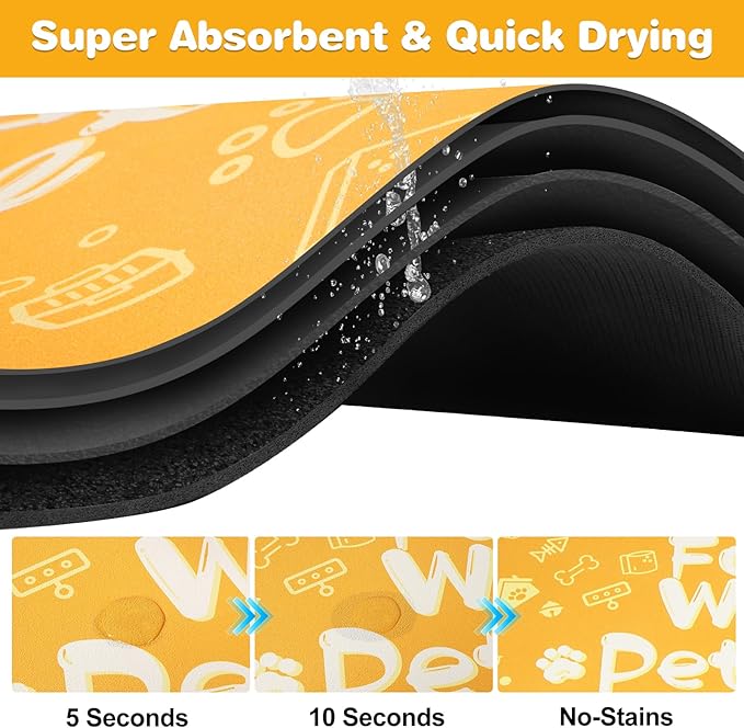 Pet Feeding Mat,Dog Cat Mat for Food and Water,Dog Bowl Waterproof Placemat with Rubber Backing,Absorbent Quick Dry Water Dispenser Mat for Pet（Orange 12"×18"）