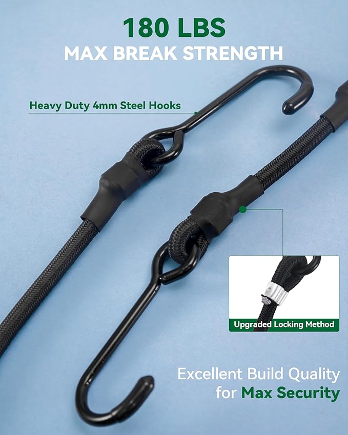 180 Lbs Real Heavy Duty Bungee Cords with Rust Resistant Steel Hooks, 6 Pcs 18 Inch Black Bungee Straps with 1.8X Stretch & UV Protection, Perfect for Camping, Tarps, Tent, Bike, Luggage