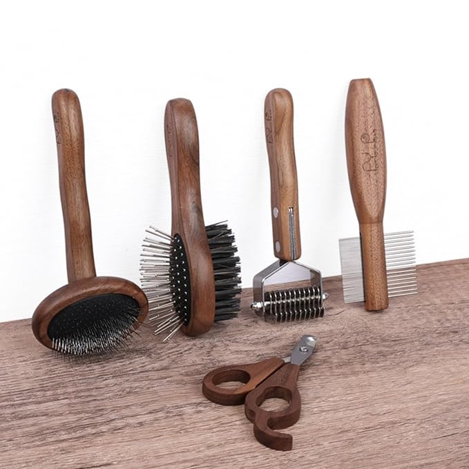 5-Piece Wooden Pet Grooming Kit for Cats & Dogs | Deshedding Brush, Dematting Comb, Massage Comb, Double-Sided Comb & Nail Clipper | Complete Detangling and Shedding Solution