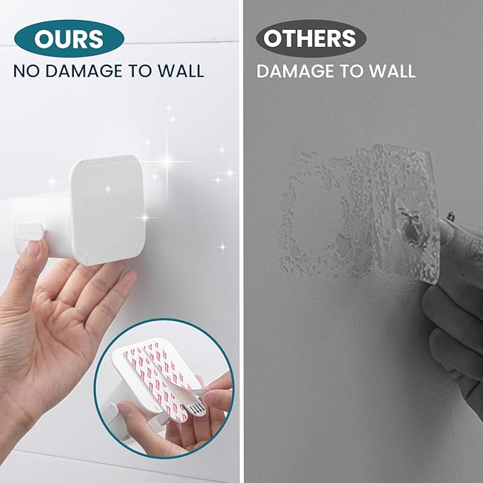 TAILI Mop and Broom Holder Wall Mount Grippers, 2 Hangers and 6 Adhesive Strips, Damage Free Hanging Wall Mount, Household Cleaning Organizer for Organization and Storage, Holds up to 4 lbs, White