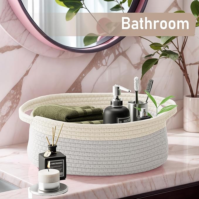 Woven Basket,Small Rope Storage Bin with Handles & Ribbon Bag, Organizer for Shelves Closets,Gift Basket Empty for Birthday,Books,Dog Toys, White&Grey/2 Pack