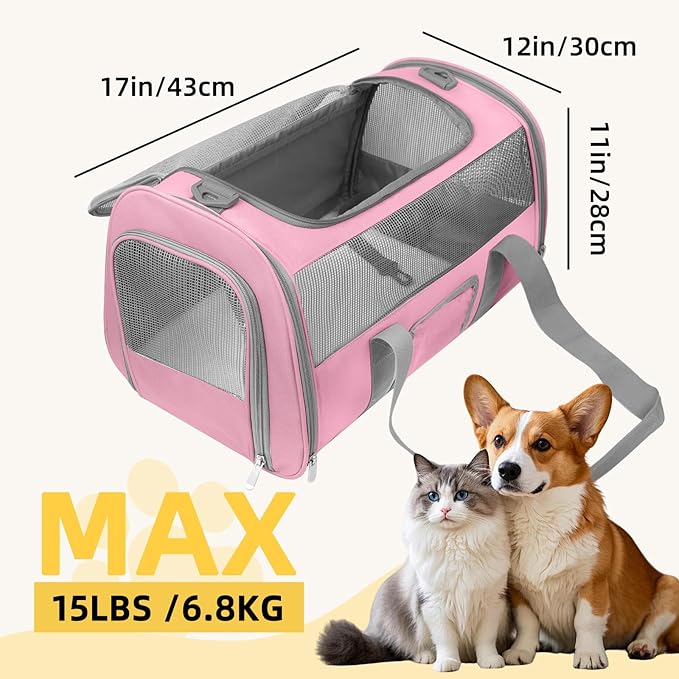 Soft-Sided Cat Carrier for Pets Up to 15lbs, Airline Approved Under-Seat Travel Carrier, 17 Inch TSA Approved with Collapsible Bowl, Breathable Mesh & Removable Pad, Pink-Grey