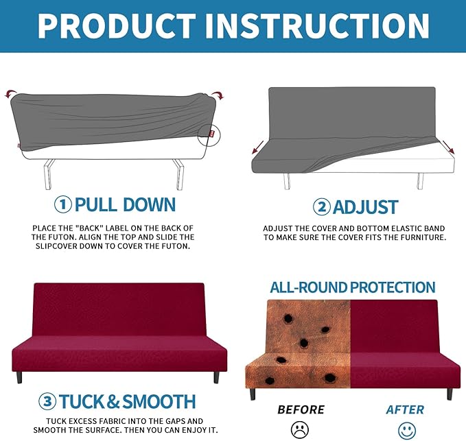 ZNSAYOTX Fashion Futon Cover (67"-82") Stretch Fit Armless Sofa Bed Slipcover, Universal Foldable Sofa Mattress Protector Full Queen Size, Irregular Plaid Texture Jacquard Futon Protector (Wine Red)