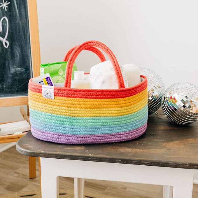 OrganiHaus Rainbow Nursery Storage Basket, Cotton Rope Toy & Diaper Caddy Organizer with Handles, Baby Diaper Organizer, Foldable Design, Machine Washable, Ideal for Baby Room & Laundry