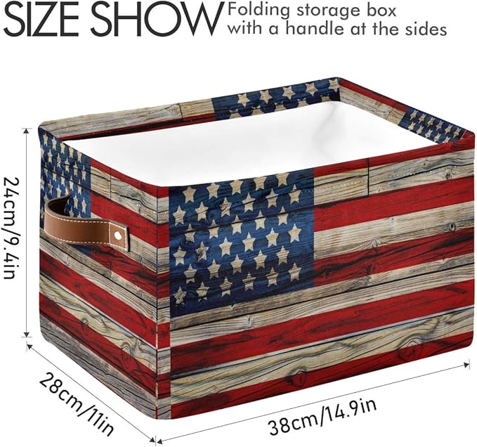 AUUXVA American Flag Patriotic Wooden Storage Basket Bin Memorial Day Large Fabric Toys Storage Cube Box with Handles Collapsible Closet Shelf Cloth Organizer Basket for Nursery Bedroom Bathroom