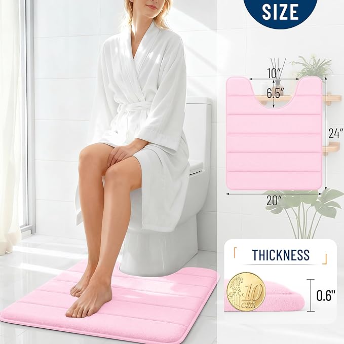 OLANLY Memory Foam Toilet Rugs U Shaped 24x20, Super Soft Absorbent Contour Bath Rugs, Quick Dry, Machine Washable Toilet Mat, Bathmat Floor Carpet, Bathroom Home Decor Accessories, Pink