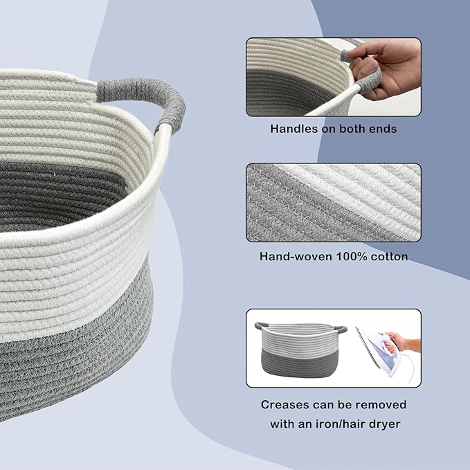 Fhiny Cotton Rope Dog Toy Basket with Handle Puppy Toys Storage Bin Small Woven Rectangle Diapers Pet Kitty Bed Perfect for Carry Pet Chew Toys Blankets Leashes Doggie Stuff - White and Grey (L)