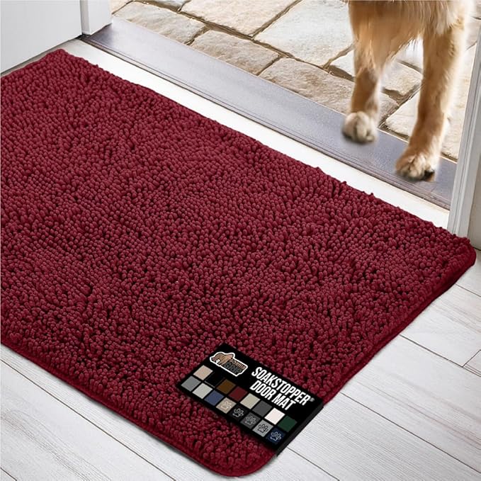 GORILLA GRIP SOAKSTOPPER Dog Door Mat, 36x24 Machine Washable Rug Absorbent Doormat Captures Moisture Mud Dirt, Quick Dry Soft Chenille Entryway Rugs Indoor Entrance Mats for Dog Paws, Burgundy