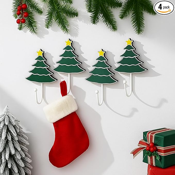 Weysat Christmas Stocking Holder Set of 4 Christmas Stocking Hooks Tree Wall Hooks for Towel White Key Holder Bathroom Decor Rustic Decorative for Living Room Bathroom