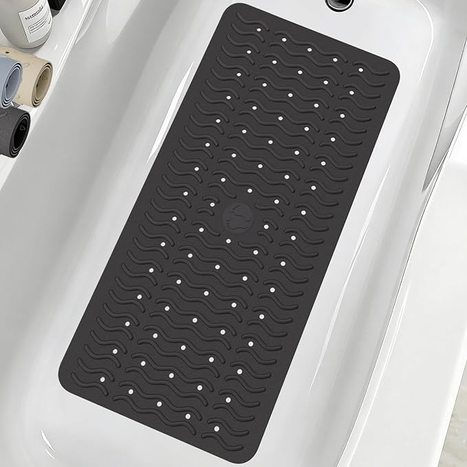 Non Slip Bathtub Mat & Shower Mat, 31x15'' Anti Slip Bath Mat for Tub, Soft TPE Anti-Skid Bathroom Mat with 194 Suction Cups & Drain Holes, Wave-Textured Grip, Machine Washable, Black