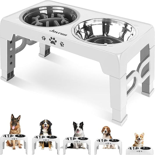Jovrun Elevated Dog Bowls, Dog Feeder with Stainless Steel Dishes & Slow Feeder Bowl, 5 Heights Adjustable Raised Stand for Medium Large, Food Dishes with Non-Slip Feet