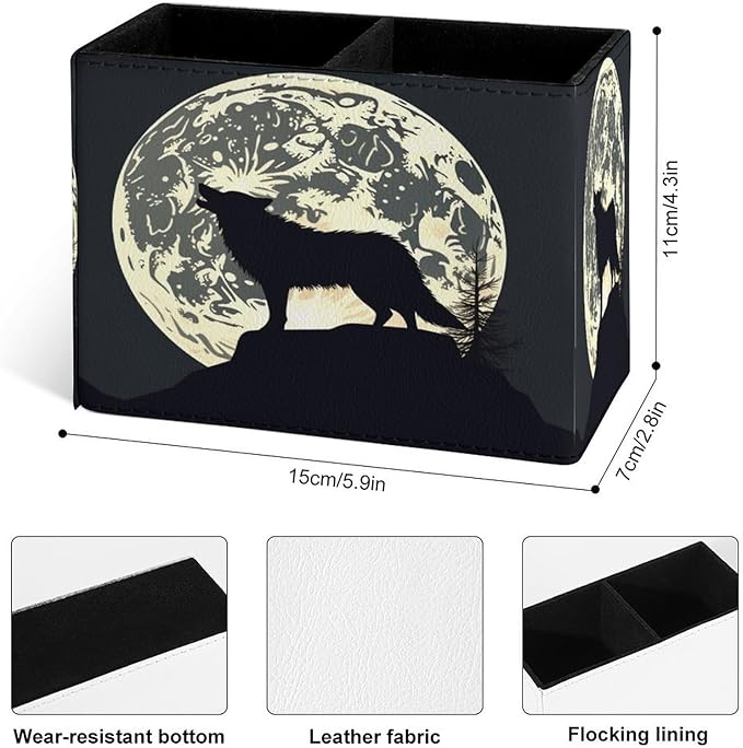 Famame Howl Black Wolf Moon Pencil Holder for Desk, Leather Desktop Container Pen Cup Storage Study Table Pen Organizer Makeup Brush Holder for Classroom Office Home