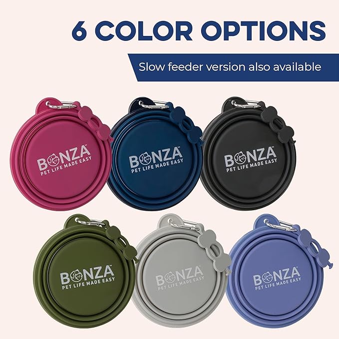 Bonza Collapsible Dog Bowls - Small 12 oz, Dog Travel Accessories, Silicone Portable Dogs Bowl & Water Dish with Reinforced Rim & Carabiner for Hiking, Camping, and Car Trips, Light Gray