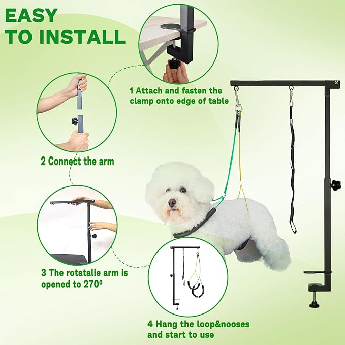 Dog Grooming Arm with Clamp, Hammock Assistant, Dog Grooming Table Arm with Dog Grooming Harnesses for Small Pets, Dog Grooming Stand for Hair Cutting Blowing Washing Bathing Nail Trimming Clipping
