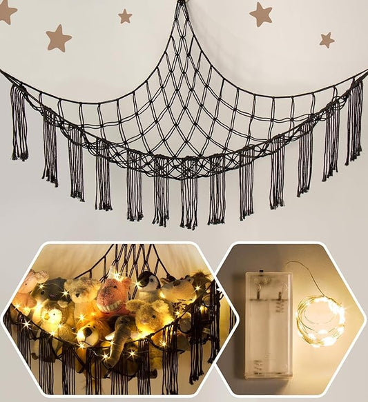 RelaxScene Stuffed Animal Storage Hammock Corner X-Large with LED Light - Baby Hammock Hanging Holder Plushies Net for Stuff Animals Organizer - Cute Room Decor Aesthetic Kids Toddler Nursery Bedroom
