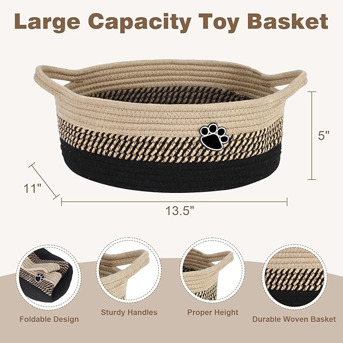 Dog Toy Easter Basket, Toy Box and Bin for Dog Cat Storage, 13.5" X 11" X 5" Small Woven Rope Basket for Baby Storage, Closet, Living Room, Brown & Black
