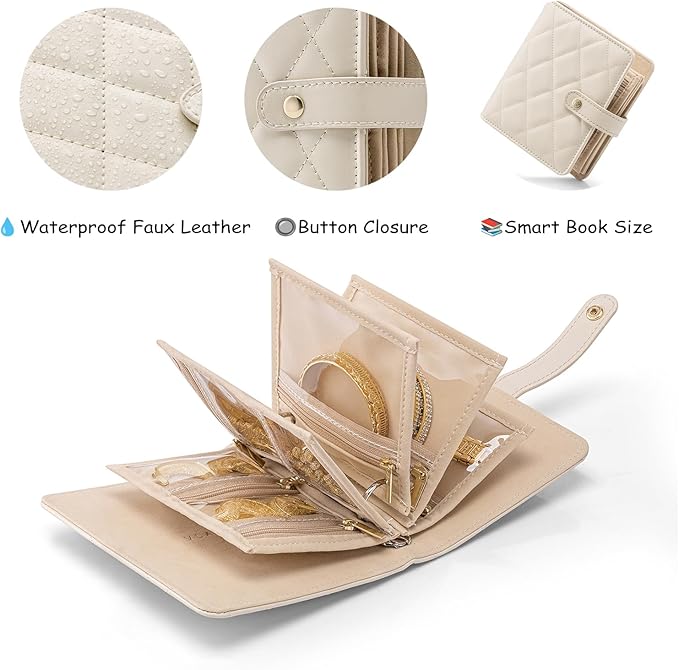 Vlando Small Jewelry Book Organizer - Leather Travel Jewelry Case with 5 Detachable Pages for Necklaces, Rings, Earrings, Tangle-Free, Giftable, Offwhite