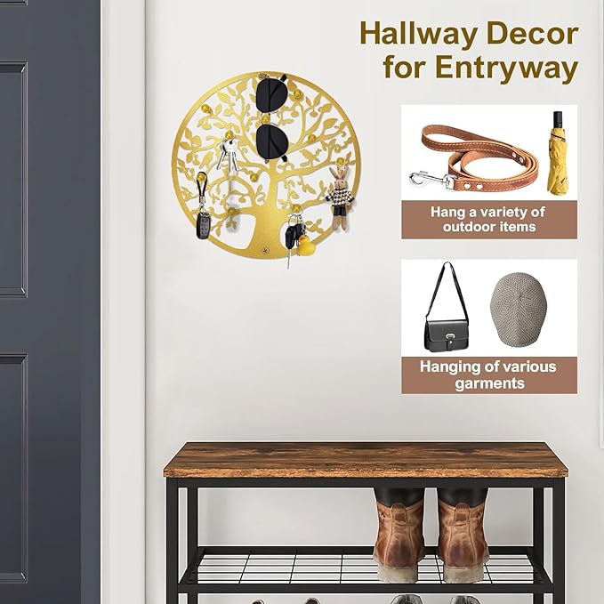 Round Decorative Home Key Holder Wall Mount, Metal Tree Car Key Rack for Wall Organizer for Keys, Wallets, Hats, Used for Decor for House Entryway, Kitchen, Garage, Office (12" Gold)