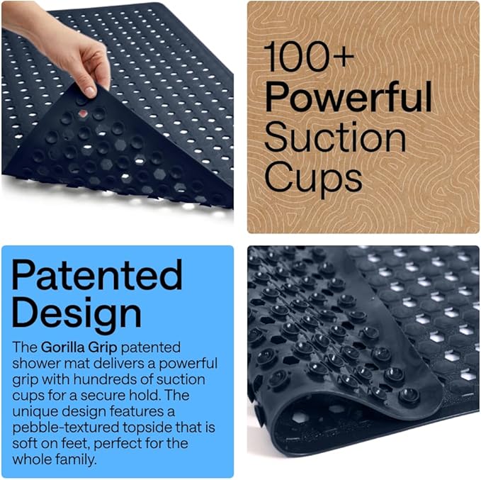GORILLA GRIP Patented Square Shower Stall Mat, Small Bathtub Floor Mats for Stand Up Showers, Suction Cups and Drainage Holes, Machine Wash, Soft on Feet, Bathroom Accessories 21x21 Inch, Navy Opaque