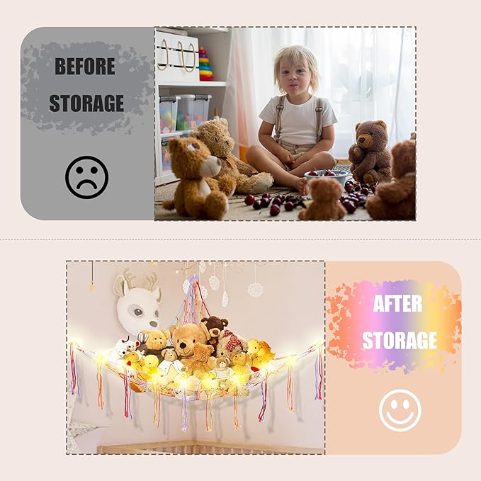 CERETIA Stuffed Animal Hammock with LED Light, Large Stuffed Animals Storage Corner Plushie Net for Kids Room Decor, 2 Packs Rainbow