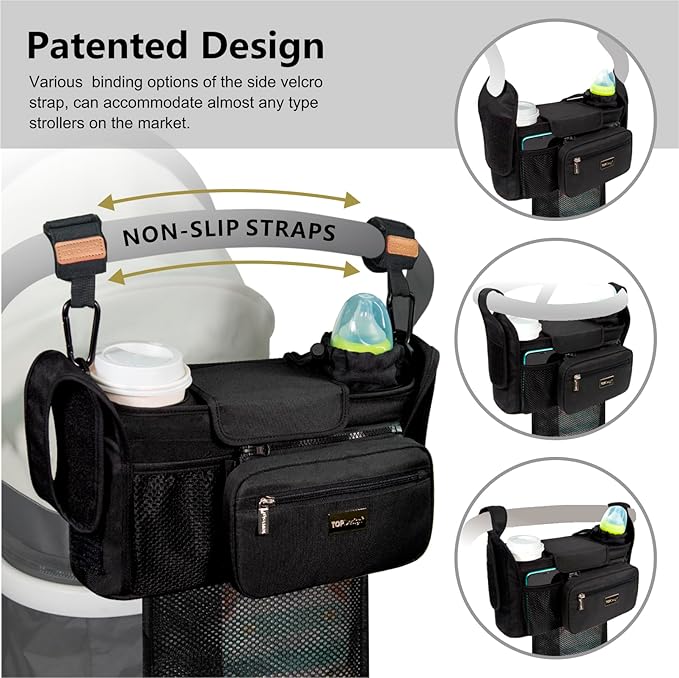 TOPDesign Universal Baby Stroller Organizer, Stroller Caddy with Detachable Mesh Bag & Heightened Insulated Cup Holders & Non-Slip Secure Hooks Accessories, Fits Most Strollers (Construction Trucks)