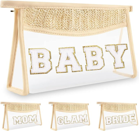 Boho Clear Makeup Letter Patch Makeup Bag BABY Pouch, Clear Toiletry Bag Travel Small Cute Preppy Chenille Letter Cosmetic Zipper Purse, Waterproof Diaper Bag Organizing Pouches for Women Girls(BABY)