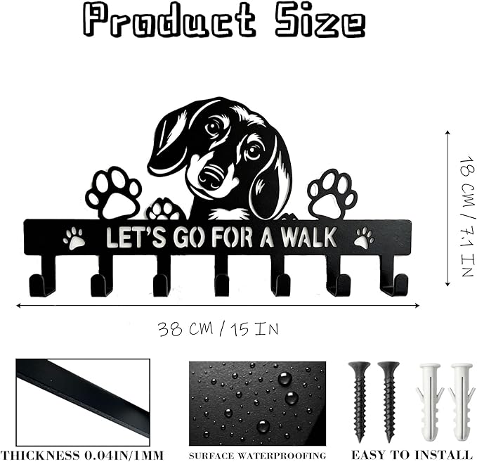 Dachshund Key & Dog Leash Holder for Wall, 7-Hook Wall Dog Storage Organizer for Entryway, Hallway, Front Door, Kitchen, Small Black Key Rack, Wall-Mounted Key Hanger, Dachshund Gifts & Decor