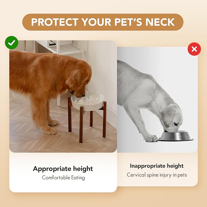 3.2 Cup Ceramic Dog Raised Slow Feeder Set, Elevated Bowl with Wooden Stand for Large Dog, 9.5inch Slow Feeder Dish for Fast Easters(1 Bowl & Stand, Reactived Glaze -White)