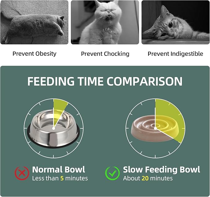 Ceramic Slow Cat Feeder Bowl, Raised Slow Cat Food Bowl, Elevated Cat Water Bowl with Wooden Stand, Pet Slow Feeder Bowl, Circle Shape. (2 x Bowl with Stand - Brown Coffee, 6inch)