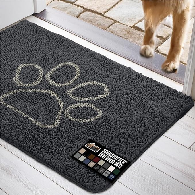 GORILLA GRIP SOAKSTOPPER Dog Door Mat, 48x30 Machine Washable Rug Absorbent Doormat Captures Moisture Mud Dirt, Quick Dry Soft Chenille Entryway Rugs Indoor Entrance Mats for Dog Paws, Charcoal